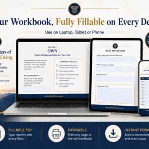 The 7 Pillars of Effective Living fully fillable workbook on laptop, tablet and smartphone.