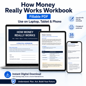 How Money Really Works workbook shown on laptop, tablet and phone as a fillable PDF digital download