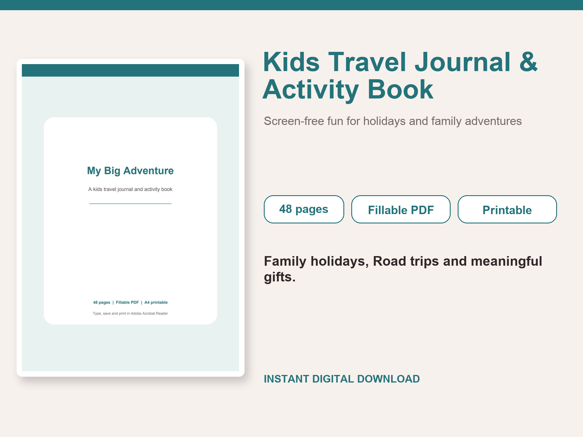 Kids Travel Journal & Activity Book – Fillable Printable PDF cover image