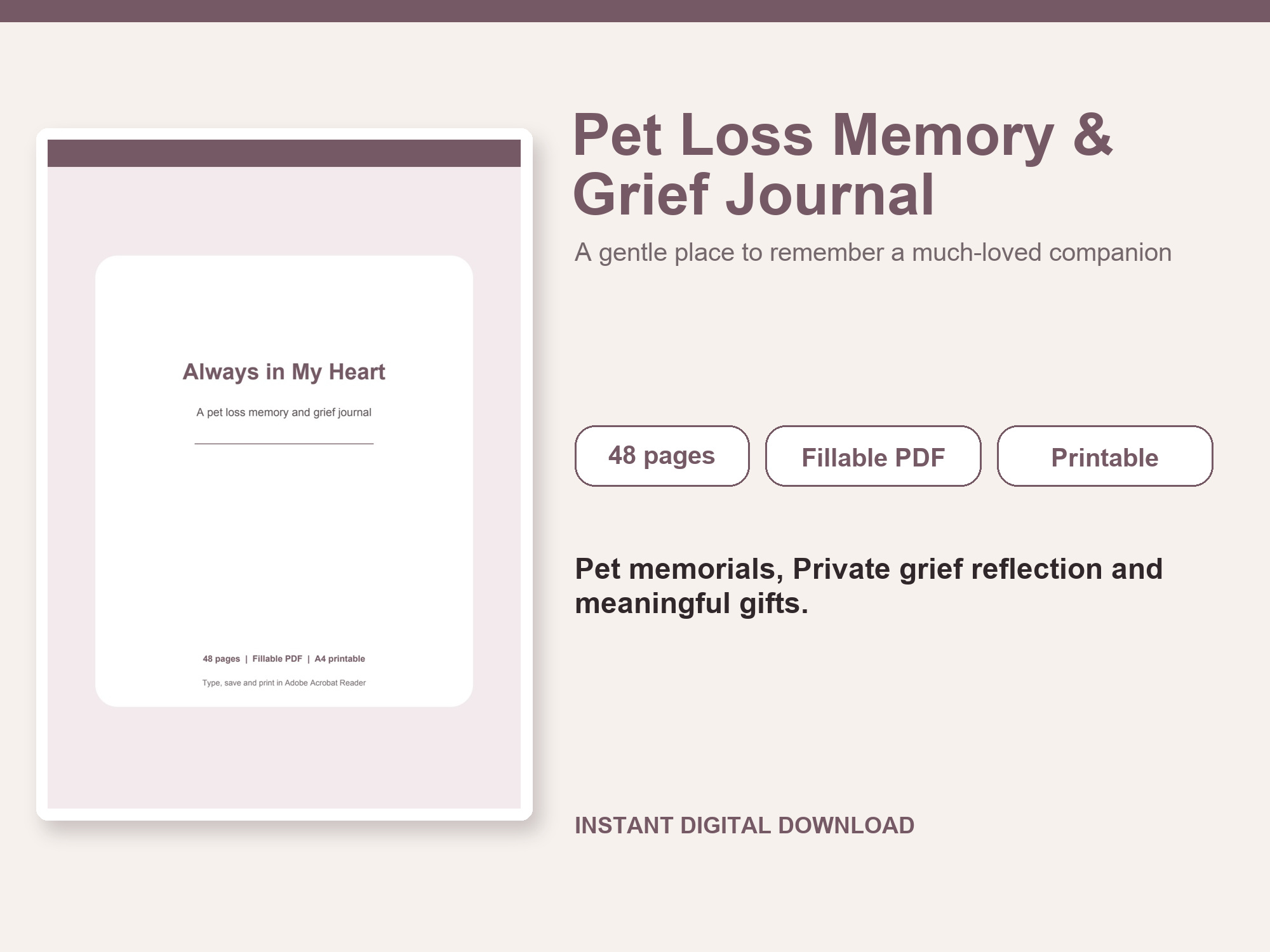 Pet Loss Memory & Grief Journal – Fillable Printable PDF cover image