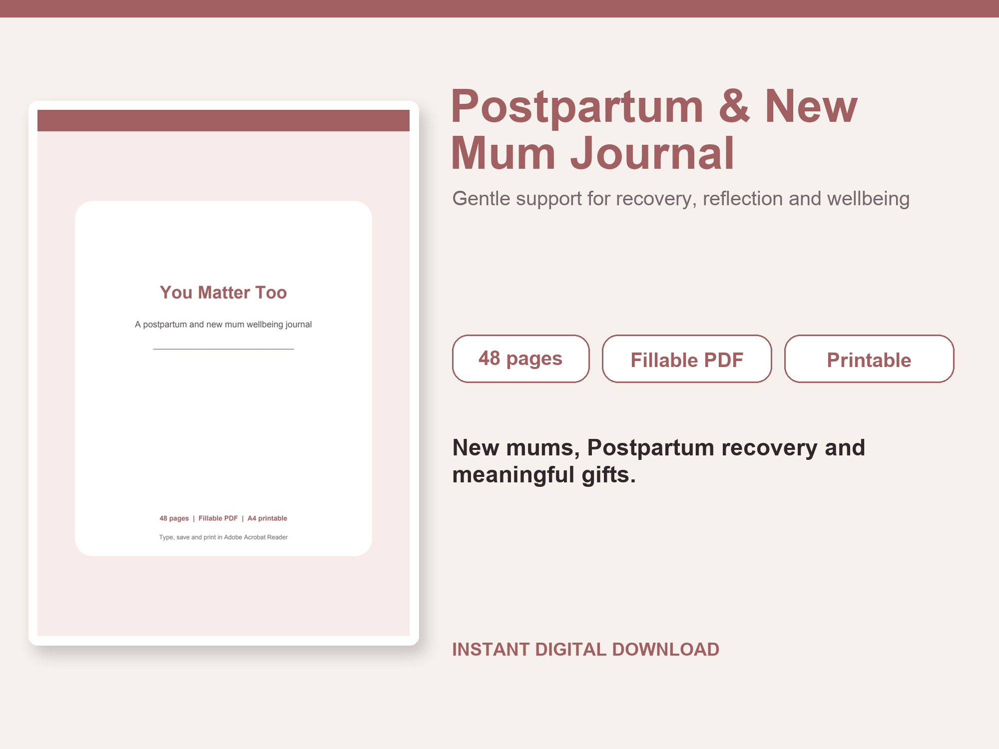 Postpartum & New Mum Journal – Fillable Printable PDF cover image