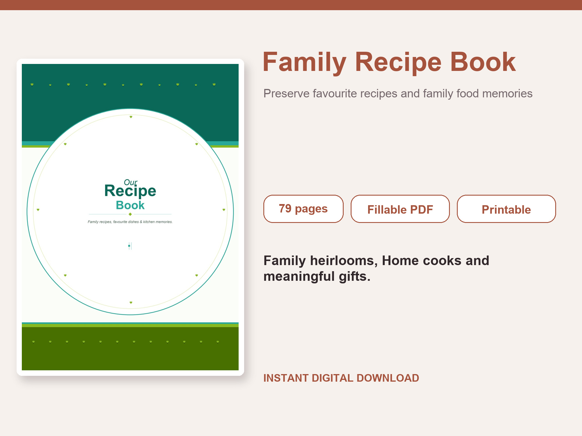 Family Recipe Book – Fillable Printable PDF cover image